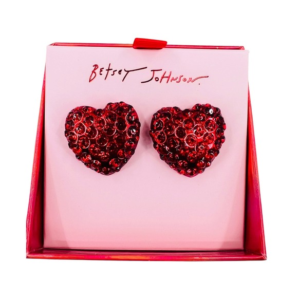 Betsey Johnson Red Pave Crystal Heart Stud Earring Set Y2K Glam NWT - Picture 2 of 6